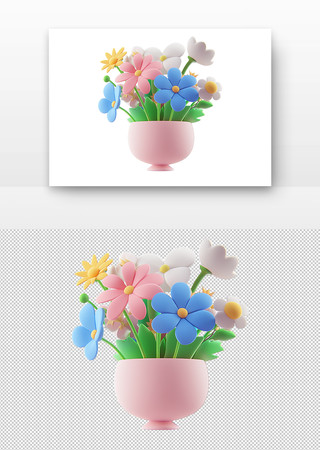 3d立体花瓶里的彩色花朵 PNG
