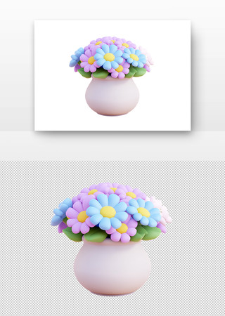 3d立体花瓶中的彩色雏菊 PNG