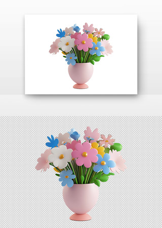 3d立体花瓶中的彩色花朵 PNG