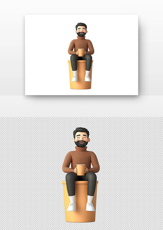 3d立体胡须男子坐在桶上手持纸杯 PNG