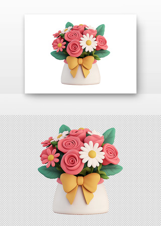 3d立体玫瑰与雏菊花束 PNG