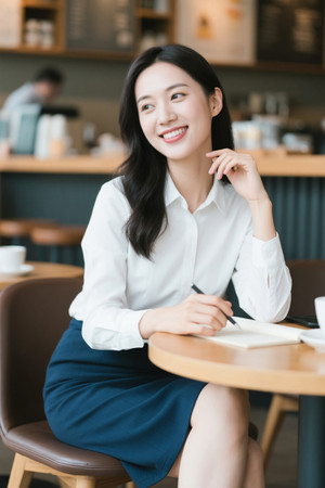 咖啡馆里认真工作的年轻女子