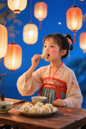 女孩古装吃饺子中秋节夜景 JPG
