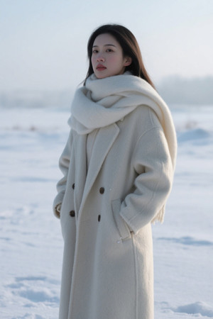 冬日雪景中穿着白色外套的女子