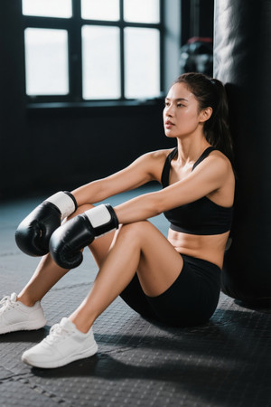 健身房休息的年轻女拳击手 健身房休息的年轻女拳击手