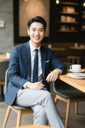 咖啡馆里微笑的年轻商务男士