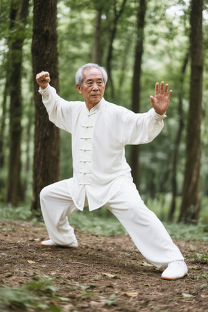 老年人在森林里练习太极拳