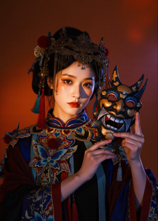 傩戏风的异域美女与面具