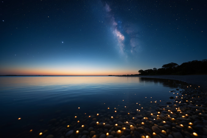 星空下宁静湖畔的鹅卵石