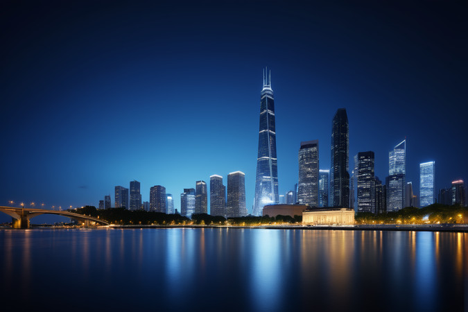 夜幕下的都市夜景倒影