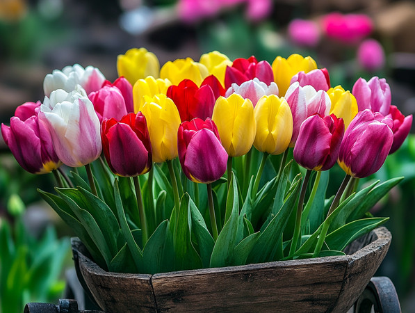 郁金香盛开于木质花篮中 郁金香盛开于木质花篮中