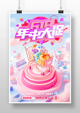618促销可爱3d渲染粉色年中大促海报