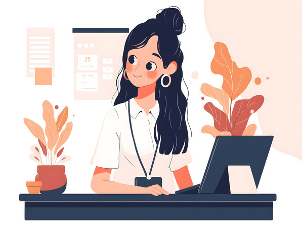 长发职场女性办公桌前人物插画