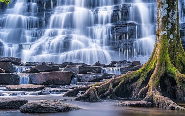 古树旁溪流轻抚岩石瀑布 古树旁溪流轻抚岩石瀑布