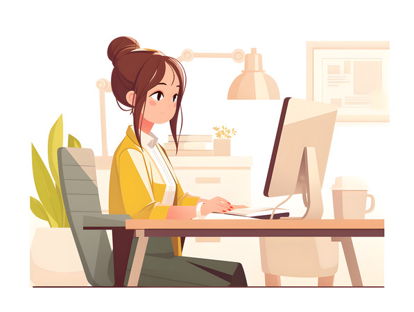 女性办公桌前专注工作人物插画