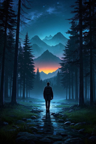 男子走在树林在晚上山在背景