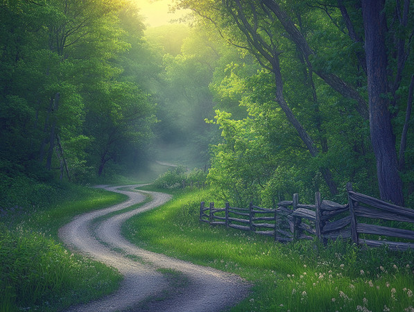 清晨阳光下的蜿蜒小径与树林 清晨阳光下的蜿蜒小径与树林