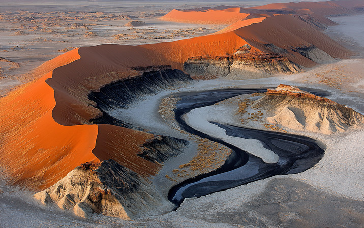沙漠中的河流蜿蜒沙丘与河水 沙漠中的河流蜿蜒沙丘与河水