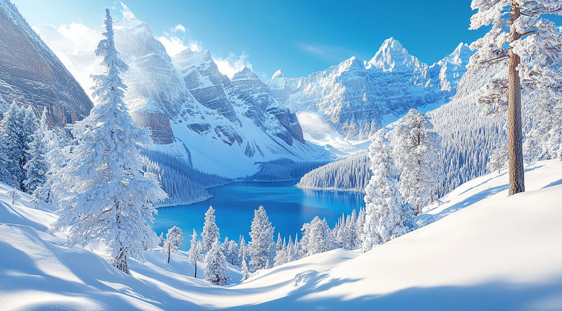 雪白的山峰前深蓝的湖泊旁森林中的孤独旅人