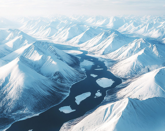 雪覆盖的山脉中的蜿蜒河流 雪覆盖的山脉中的蜿蜒河流