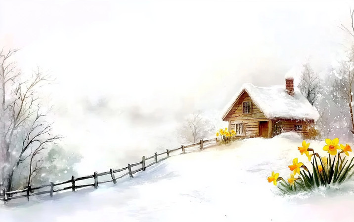 雪中木屋旁的黄水仙 雪中木屋旁的黄水仙