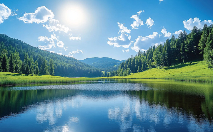 阳光照耀下的静谧湖泊与翠绿森林 阳光照耀下的静谧湖泊与翠绿森林