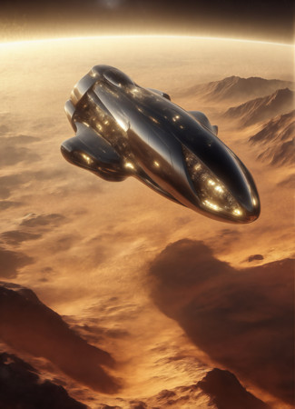 在火星上方航行的宇宙飞船