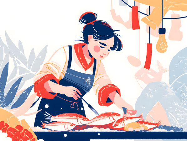 传统市场女性售卖海鲜人物插画