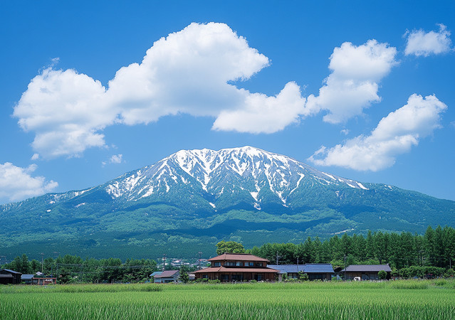 青翠稻田前的巍峨雪山