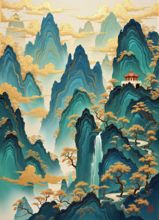 山峰瀑布主题的画作 PNG
