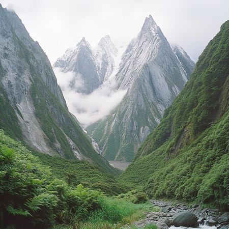 山谷中云雾缭绕的巍峨雪山 山谷中云雾缭绕的巍峨雪山