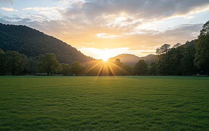 山间草地上的夕阳与光芒 山间草地上的夕阳与光芒