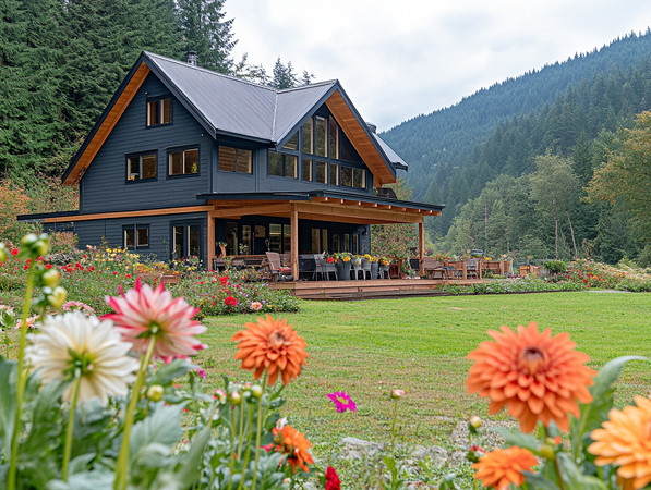 山间宁静的木屋前鲜花盛开 山间宁静的木屋前鲜花盛开