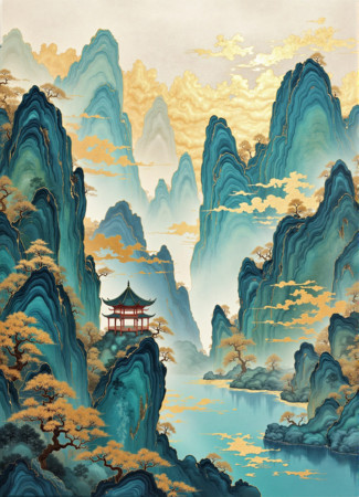 山水主题的工笔画 PNG