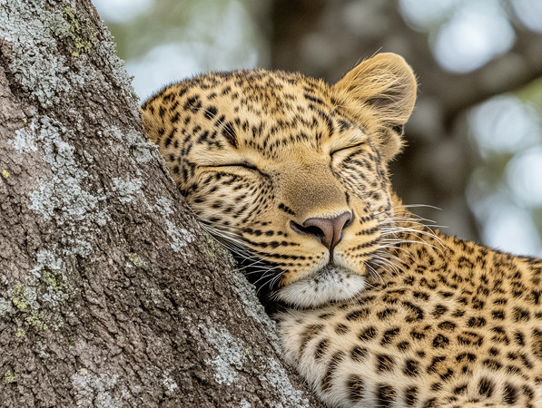 树上闭眼的小豹安静地打盹 树上闭眼的小豹安静地打盹