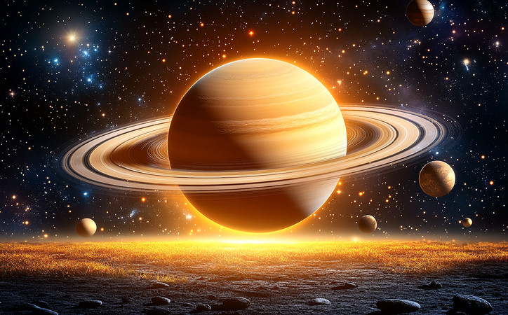 太空中的行星环与远方的太阳 太空中的行星环与远方的太阳