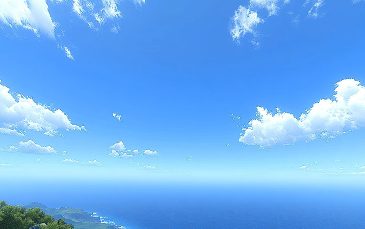 蔚蓝天空下的白云飘渺海岸线