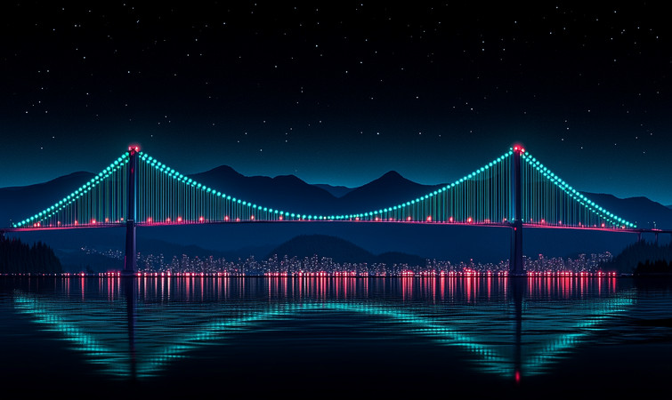 星空下的彩灯大桥与夜幕中的城市倒影