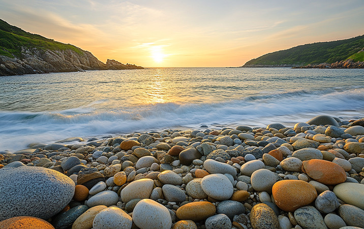 夕阳下的鹅卵石海滩