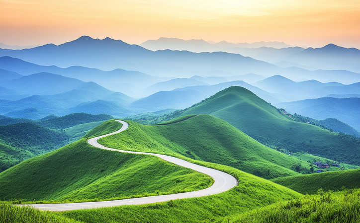 蜿蜒的山间公路晨光中的静谧之旅 蜿蜒的山间公路晨光中的静谧之旅