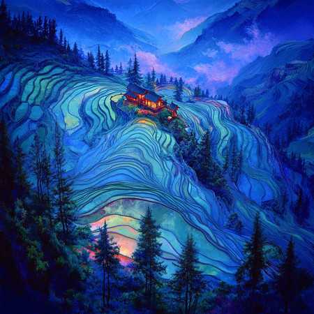 夜幕下的山间稻田