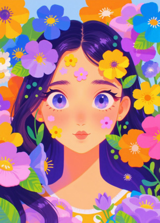 繁花与美女主题的卡通插画 PNG