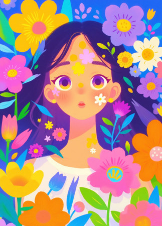 繁花与美少女主题的卡通插画 PNG