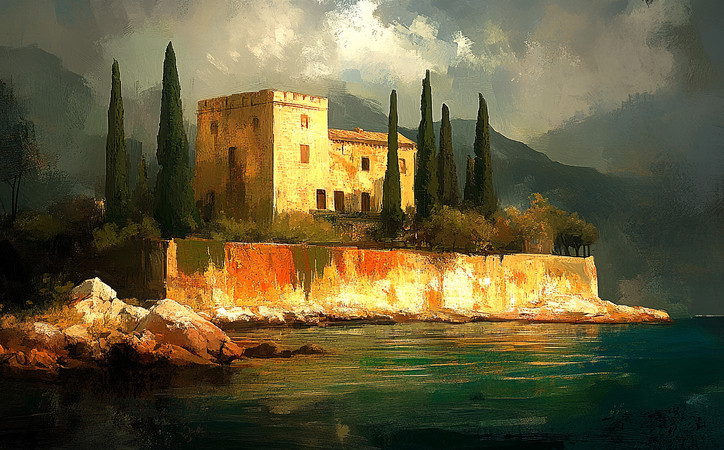 古老城堡与高耸的柏树 古老城堡与高耸的柏树