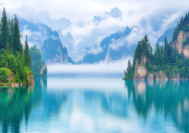 湖面上翠绿山峦与森林 湖面上翠绿山峦与森林