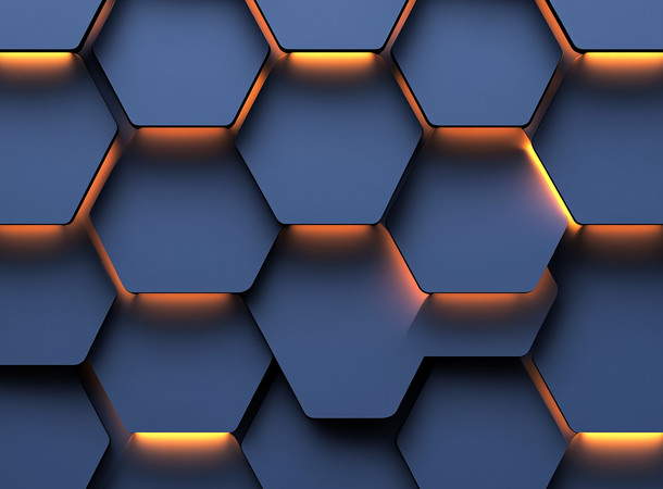 蓝色背景上的橙光六边形图案
