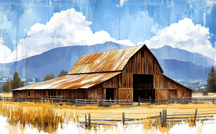 木制谷仓与远处山脉 木制谷仓与远处山脉