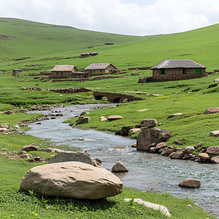 山谷中的石屋旁溪流潺潺 山谷中的石屋旁溪流潺潺