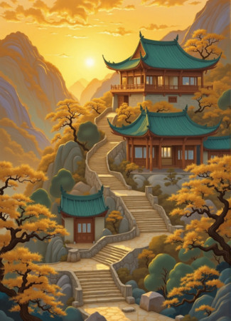 山间古建筑主题的古风装饰画 PNG