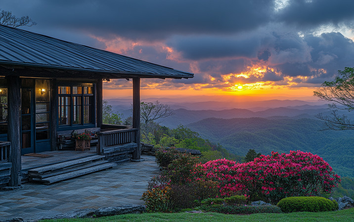 山间木屋与盛开的杜鹃花 山间木屋与盛开的杜鹃花